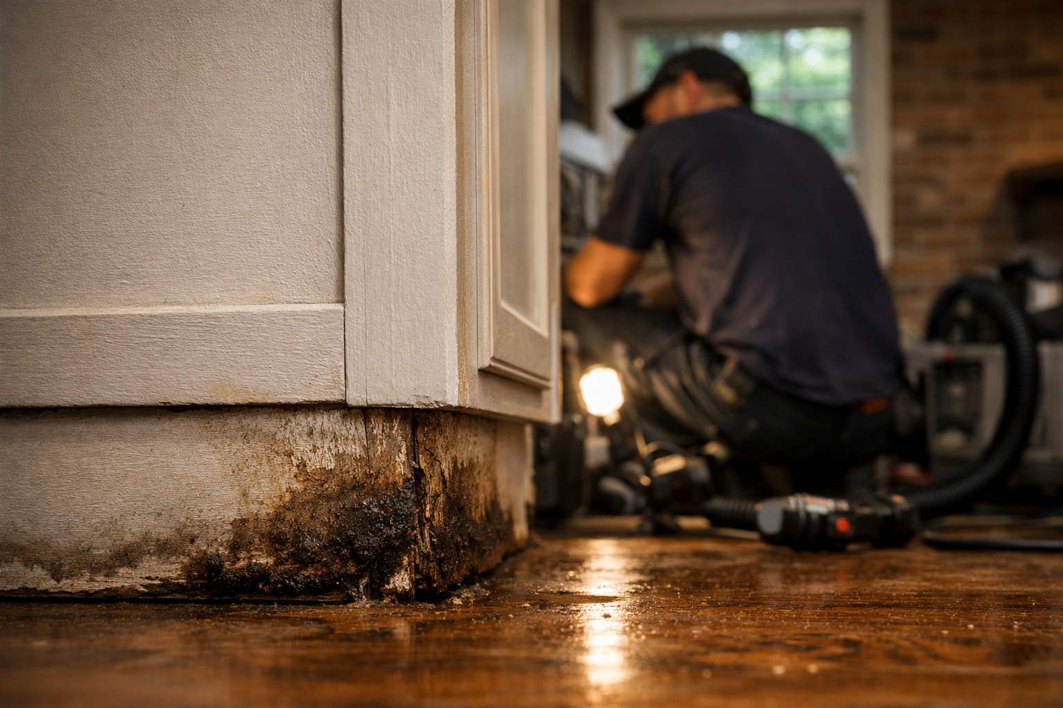 Water-stained, swollen base of a kitchen cabinet with a technician working in the background in a Marietta, GA home