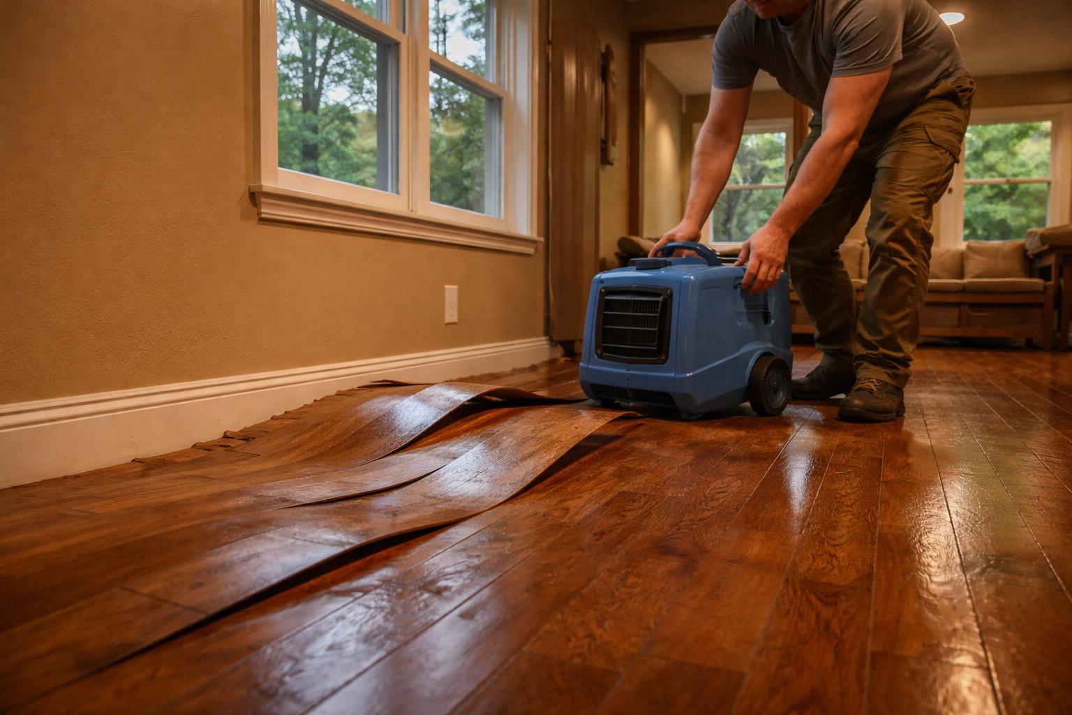 Technician positioning a dehumidifier beside buckled hardwood flooring in a Marietta, GA home during emergency water removal