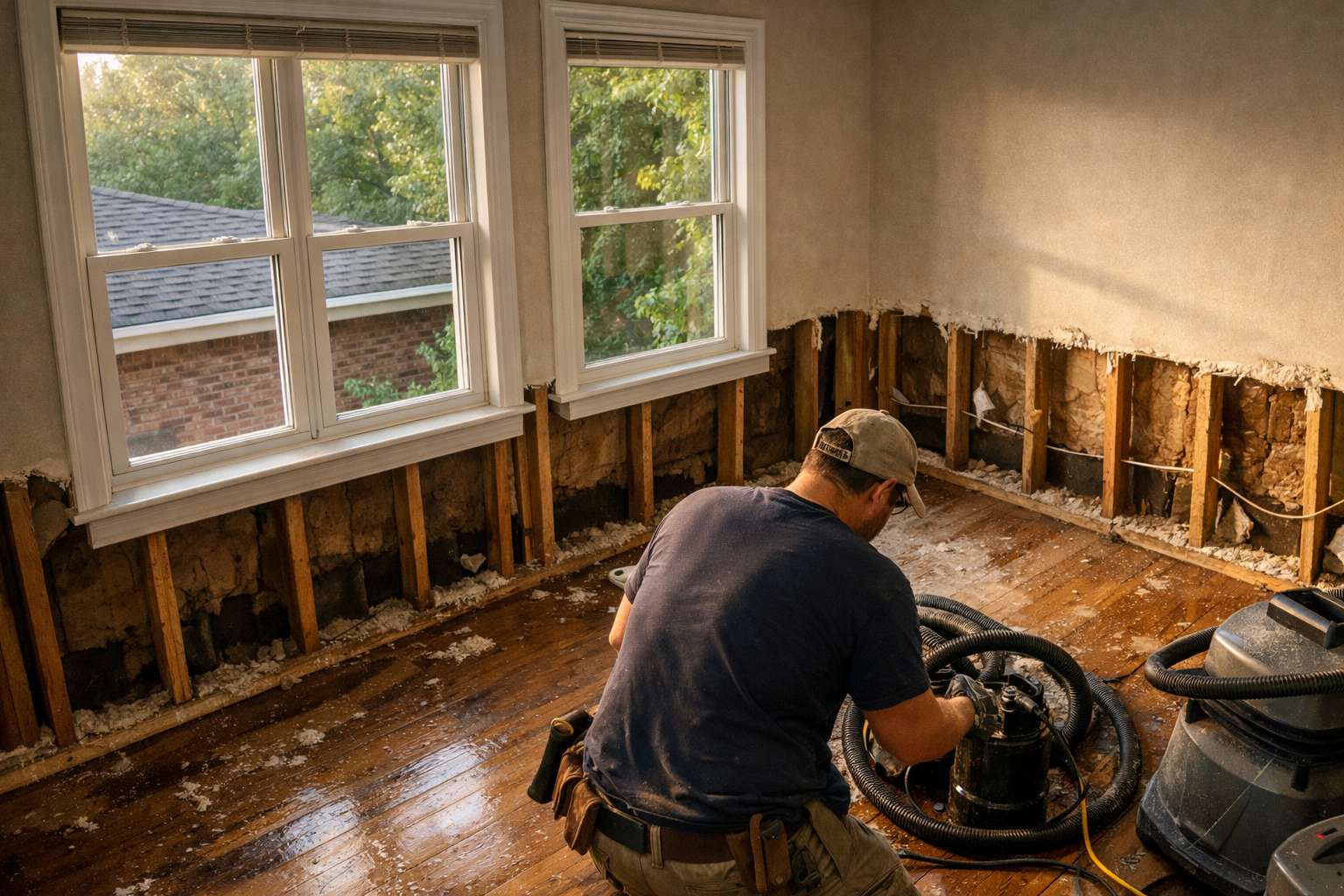 Technician kneeling with a submersible pump and hoses in a Marietta, GA room where wet drywall has been cut out along the walls, ahead of mold remediation