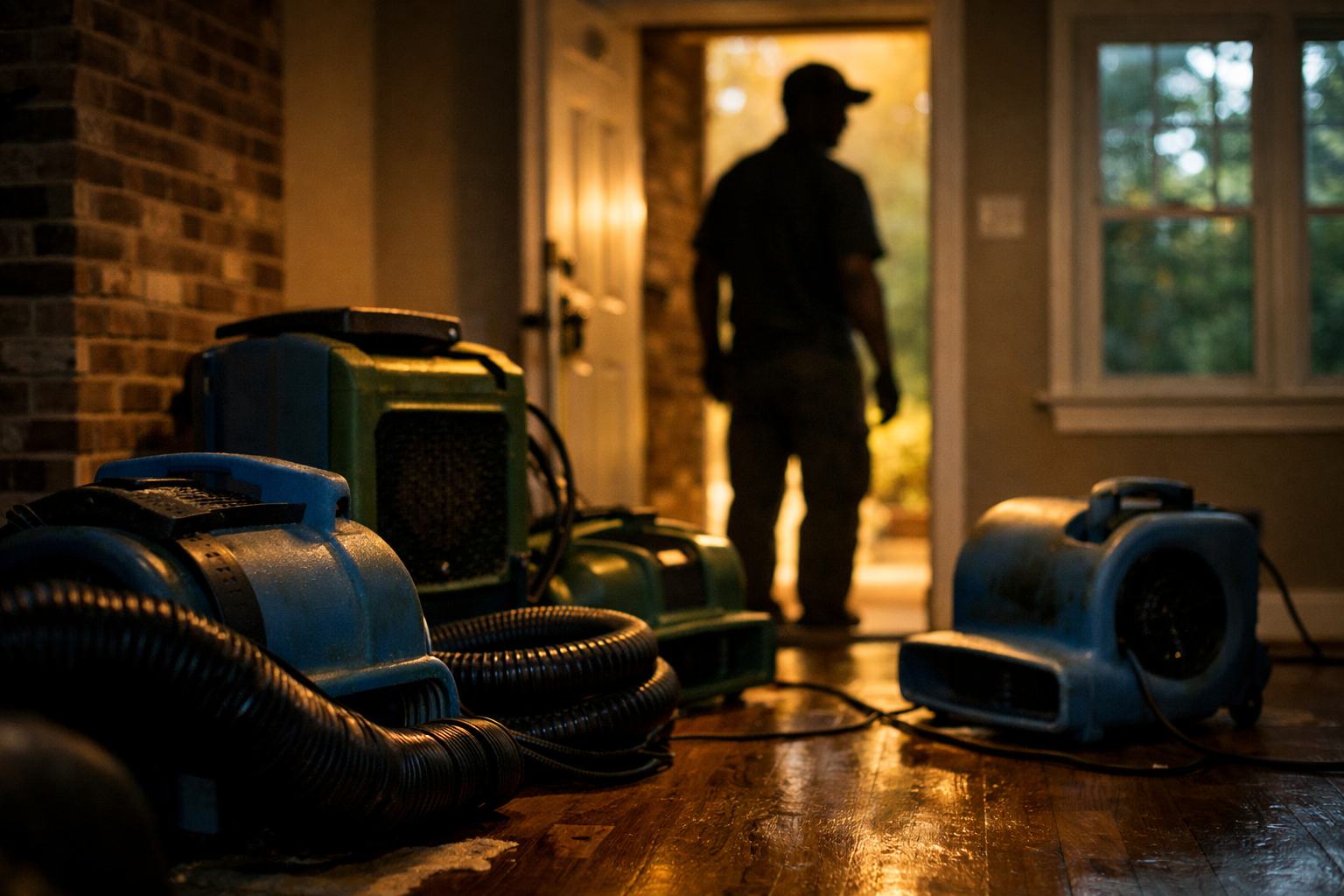 Air movers, a dehumidifier and hoses staged inside the entry of a Smyrna, GA home with a worker silhouetted in the doorway