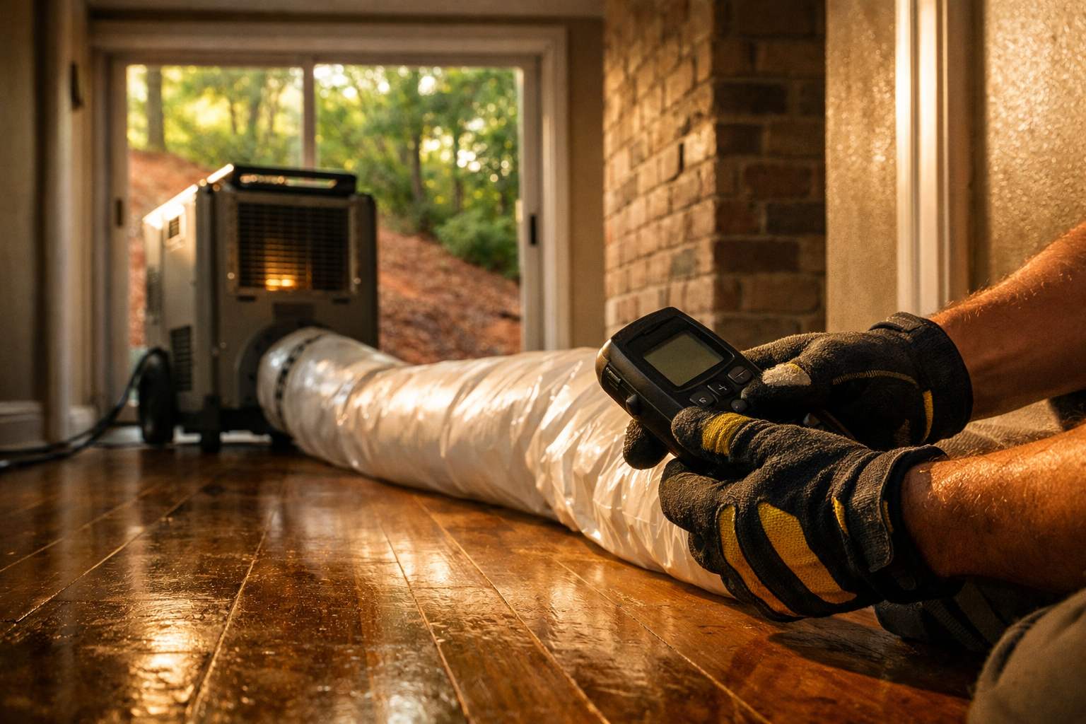 Gloved hands holding a moisture meter beside a commercial dehumidifier and lay-flat ducting on a hardwood floor in a Marietta, GA home during structural drying