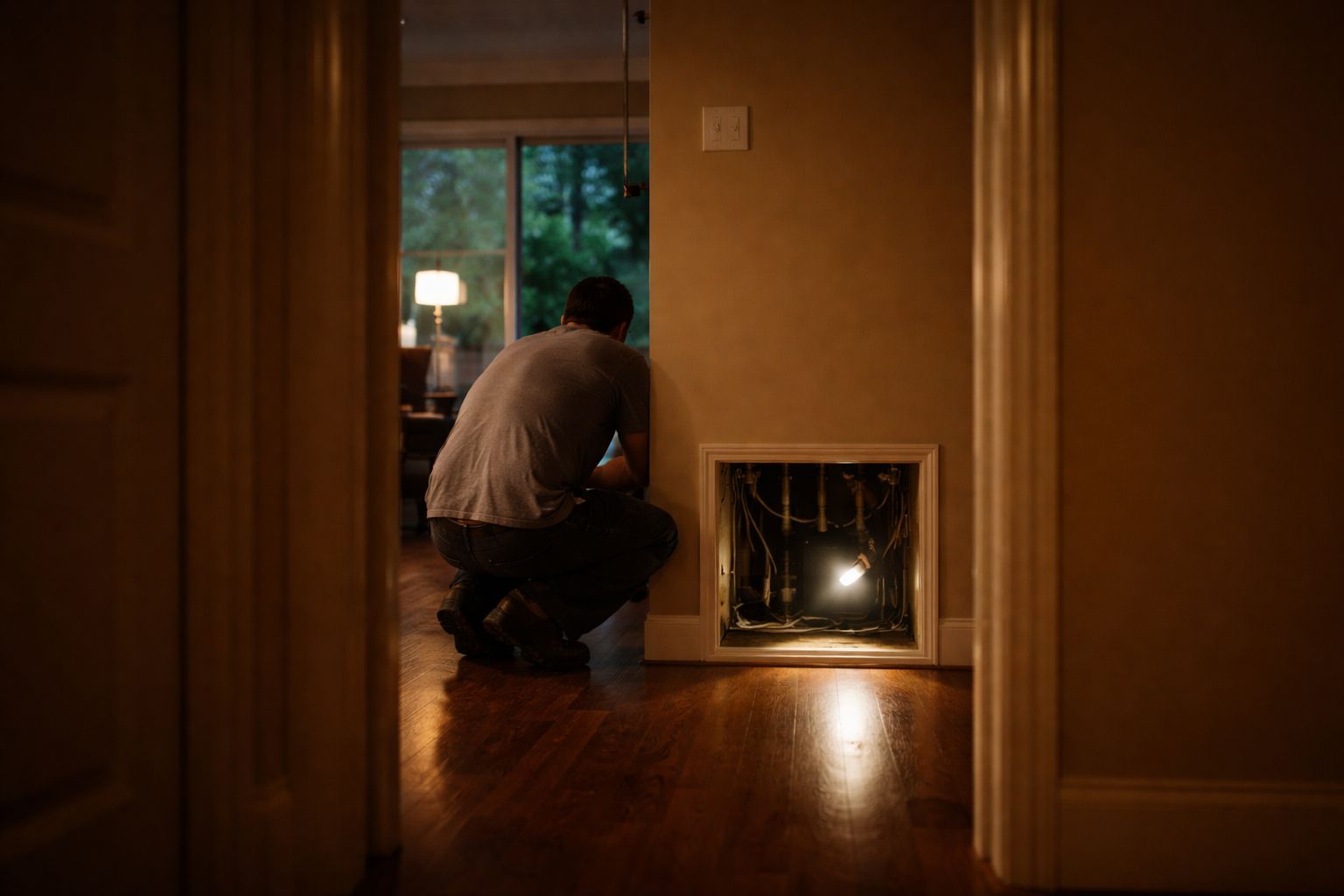 Technician crouched at an open utility access panel with a flashlight, checking plumbing for water damage in a Marietta, GA home