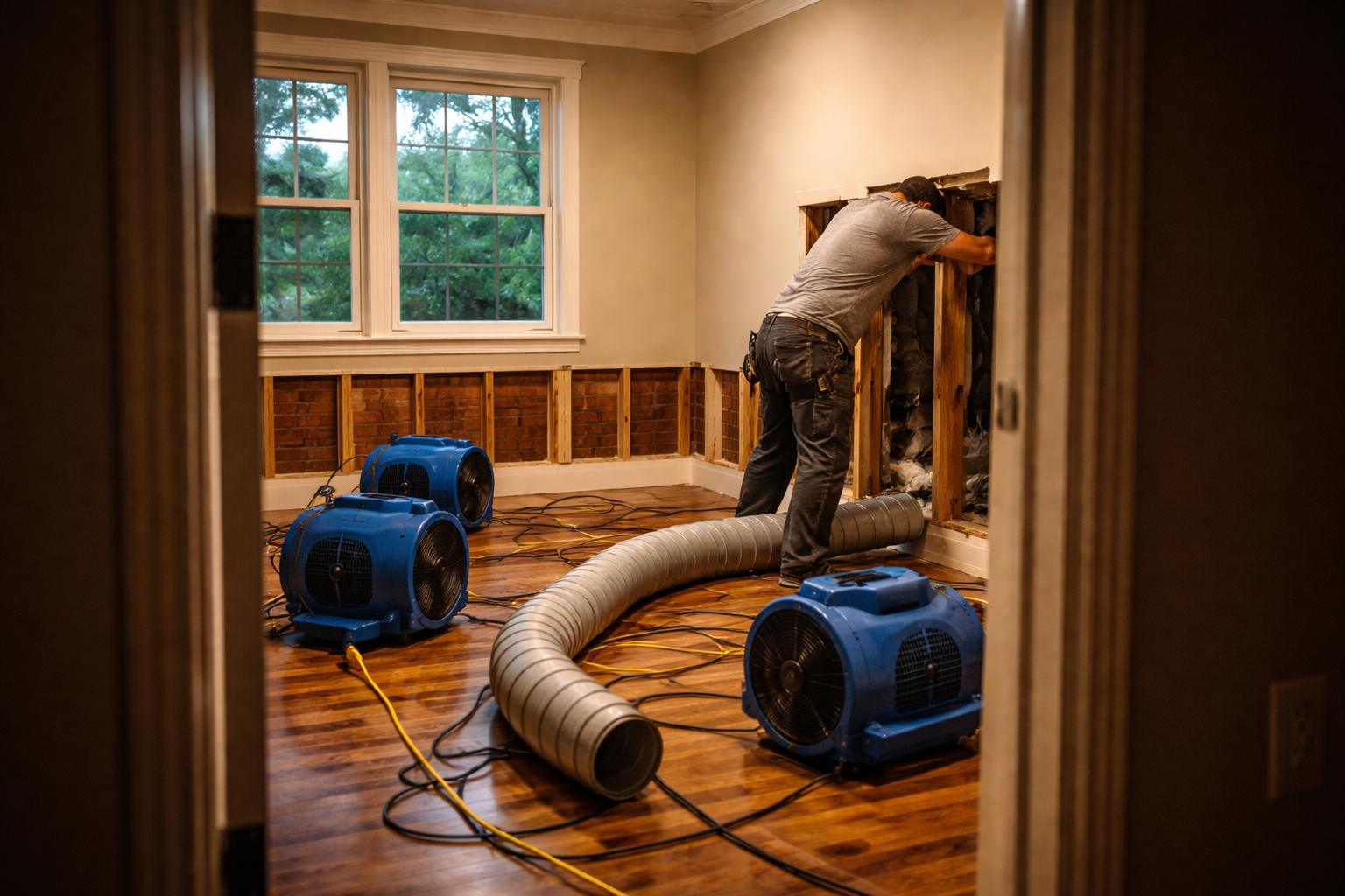 Air movers and ducting on a hardwood floor with a section of wall opened to dry in a Marietta, GA home