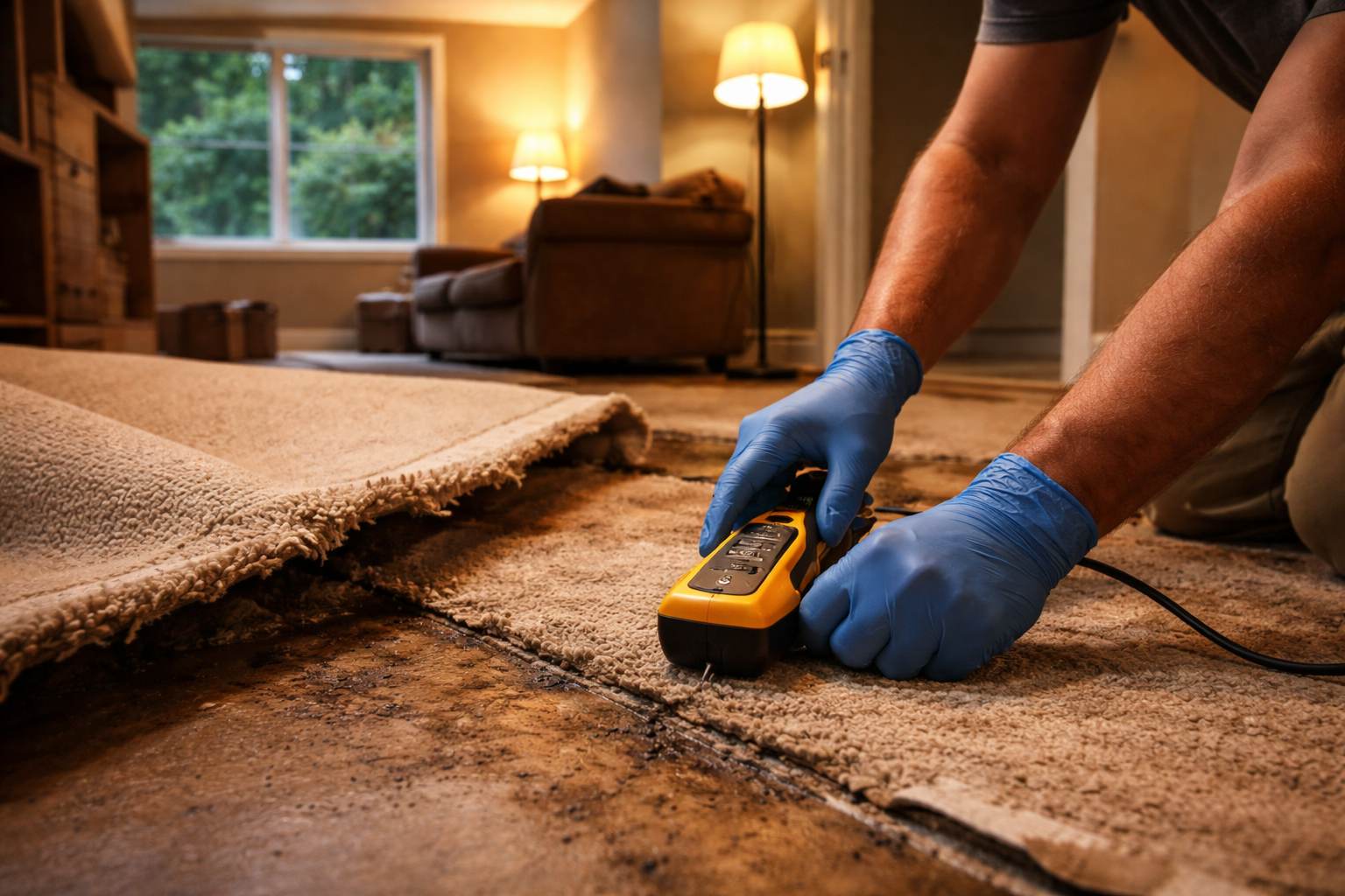 Gloved hands holding a moisture meter beside pulled-back carpet and damp subfloor in a Woodstock, GA home
